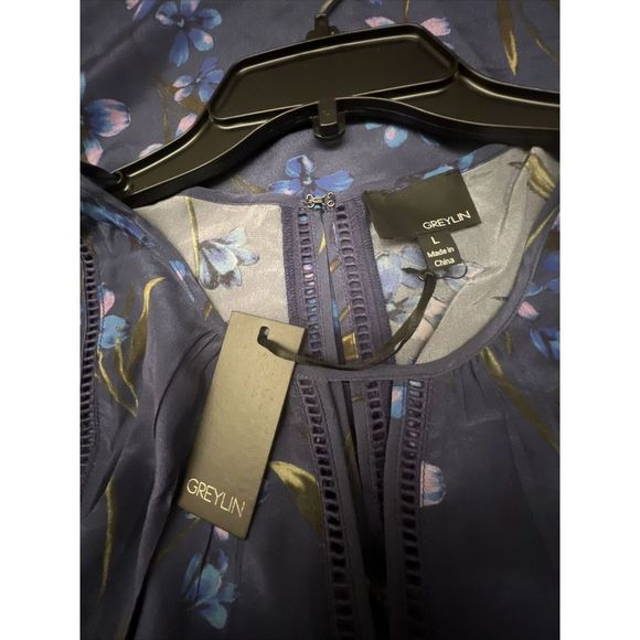 GREYLIN Sleeveless Women Sz L Stitch Fix Silk Blouse Blue Floral Anthropology$88 - Picture 9 of 9